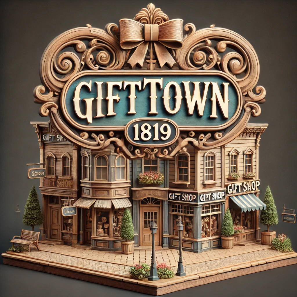 dall·e 2025 03 14 23.10.39 a detailed, ultra high definition 3d illustration of a vintage gift shop town sign. the sign prominently displays 