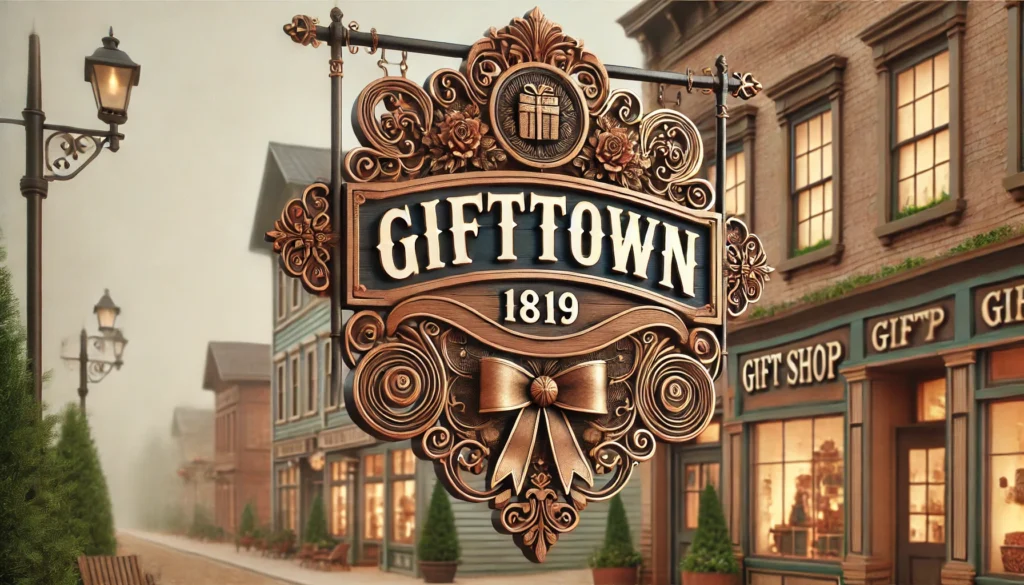 dall·e 2025 03 16 15.21.46 a vintage style town signage design featuring the text 'gifttown 1819'. the sign is crafted with elegant wood and metal elements, decorated with intri dall·e 2025 03 16 15.21.46 a vintage style town signage design featuring the text 'gifttown 1819'. the sign is crafted with elegant wood and metal elements, decorated with intri